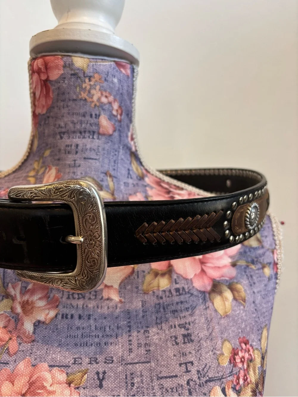 Western Studded Tooled Black Leather Belt with Silver Buckle